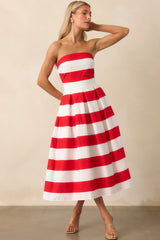 Crisp Contrast Red Stripe Strapless Midi Dress