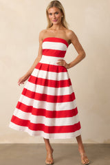 Crisp Contrast Red Stripe Strapless Midi Dress