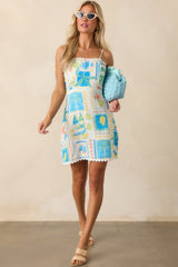 Kind Of Perfect Light Blue Tropical Print Linen Blend Mini Dress