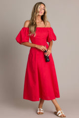 Cascade Couture Red Off Shoulder Midi Dress