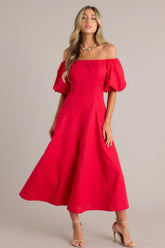 Cascade Couture Red Off Shoulder Midi Dress