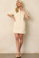 Purposefully Subtle Ivory Floral Embroidered Cotton Denim Mini Dress