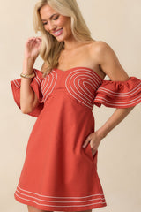 Left An Impression Burnt Orange Linen Blend Off The Shoulder Mini Dress