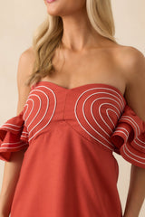 Left An Impression Burnt Orange Linen Blend Off The Shoulder Mini Dress