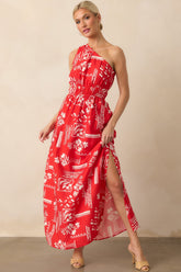 Anything Goes Red One Shoulder Geometric Floral Print Maxi Dress