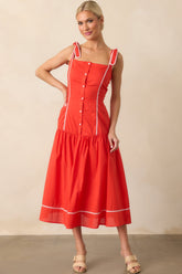 Everything She Is Tomato Red Cotton Drop Waist Midi Dress