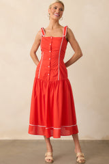 Everything She Is Tomato Red Cotton Drop Waist Midi Dress