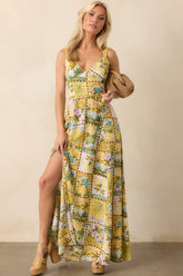 One To Remember Yellow Tropical Print Linen Blend Maxi Dress