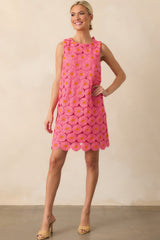 Only The Finest Hot Pink Floral Embroidered Lace Bow Back Mini Dress