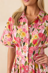 Setting The Bar Pink Floral Print Cotton Pleated Midi Shirt Dress