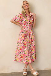 Setting The Bar Pink Floral Print Cotton Pleated Midi Shirt Dress