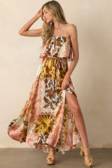 All Of The Time Pink Coral Patchwork Print Strapless Maxi Dress