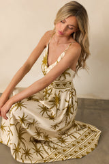 Found My Happy Place Tan Tropical Print Open Back Maxi Dress