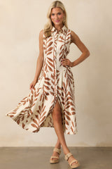 Already Handled It Light Brown Botanical Print Midi Shirt Dress