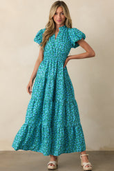 Fell For It Turquoise Floral Print Cotton Puff Sleeve Maxi Dress