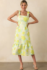 Making An Entrance Yellow Green Floral Print Jacquard Midi Dress