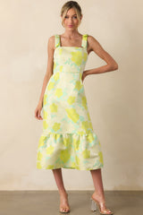Making An Entrance Yellow Green Floral Print Jacquard Midi Dress