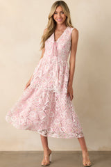 Something Nice Light Pink Floral Embroidered Midi Dress