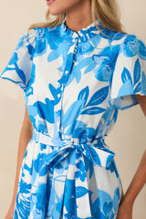 Happened So Naturally Blue Floral Print Cotton Midi Shirt Dress