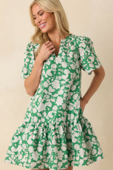 Where It All Begins Green Floral Print Cotton Mini Dress