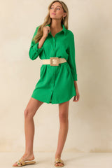 Wild At Heart Kelly Green Linen Blend Mini Shirt Dress