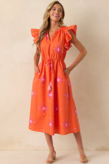 Don't Know Why Orange Floral Cotton Flutter Sleeve Midi Dress