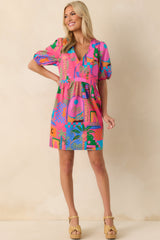 Clear Skies Today Pink Tropical Print Cotton Mini Dress