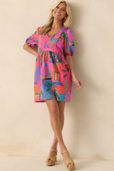 Clear Skies Today Pink Tropical Print Cotton Mini Dress
