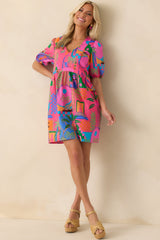 Clear Skies Today Pink Tropical Print Cotton Mini Dress