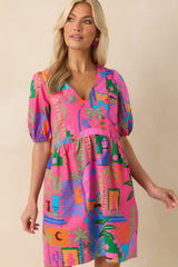 Clear Skies Today Pink Tropical Print Cotton Mini Dress