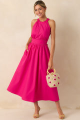 Going The Right Way Fuchsia Pink Cotton Halter Maxi Dress