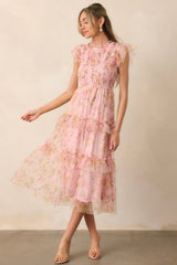 Sunrise Soiree Pink Floral Flutter Sleeve Midi Dress