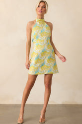 Nights We Needed Yellow Floral Print Jacquard Halter Mini Dress