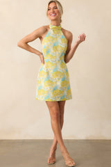 Nights We Needed Yellow Floral Print Jacquard Halter Mini Dress