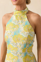 Nights We Needed Yellow Floral Print Jacquard Halter Mini Dress