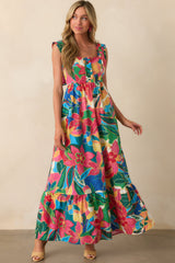 Finding My Oasis Blue Tropical Print Cotton Bow Back Maxi Dress