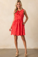 Thinking About It Red Floral Embroidered Cotton Mini Dress