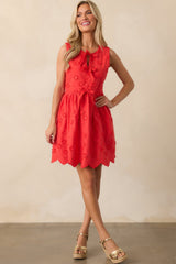 Thinking About It Red Floral Embroidered Cotton Mini Dress