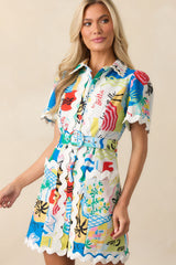 Prosperina Beatrice Multi Tropical Print Linen Belted Mini Dress