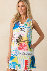 Prosperina Luisa Multi Tropical Print Linen Shift Mini Dress