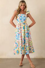 Prosperina Nicola Blue Multi Sicilian Tile Print Linen Ruffle Midi Dress
