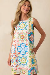 Prosperina Catania Blue Multi Sicilian Tile Print Linen Shift Mini Dress