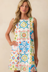 Prosperina Catania Blue Multi Sicilian Tile Print Linen Shift Mini Dress