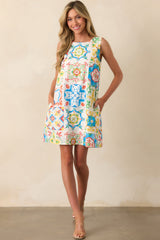Prosperina Catania Blue Multi Sicilian Tile Print Linen Shift Mini Dress