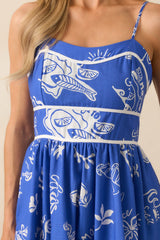 Prosperina Silvia Royal Blue Mojito Print Linen Midi Dress