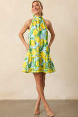Prosperina Simone Blue Lemon Print Cotton Halter Mini Dress