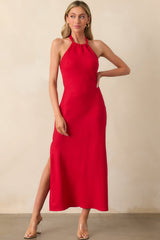 Staple The Label Red Linen Blend Amana Halter Bias Maxi Dress