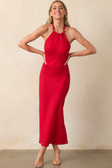 Staple The Label Red Linen Blend Amana Halter Bias Maxi Dress