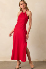Staple The Label Red Linen Blend Amana Halter Bias Maxi Dress