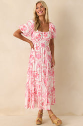 MINKPINK Pink Tropical Print Bria Puff Sleeve Midi Dress